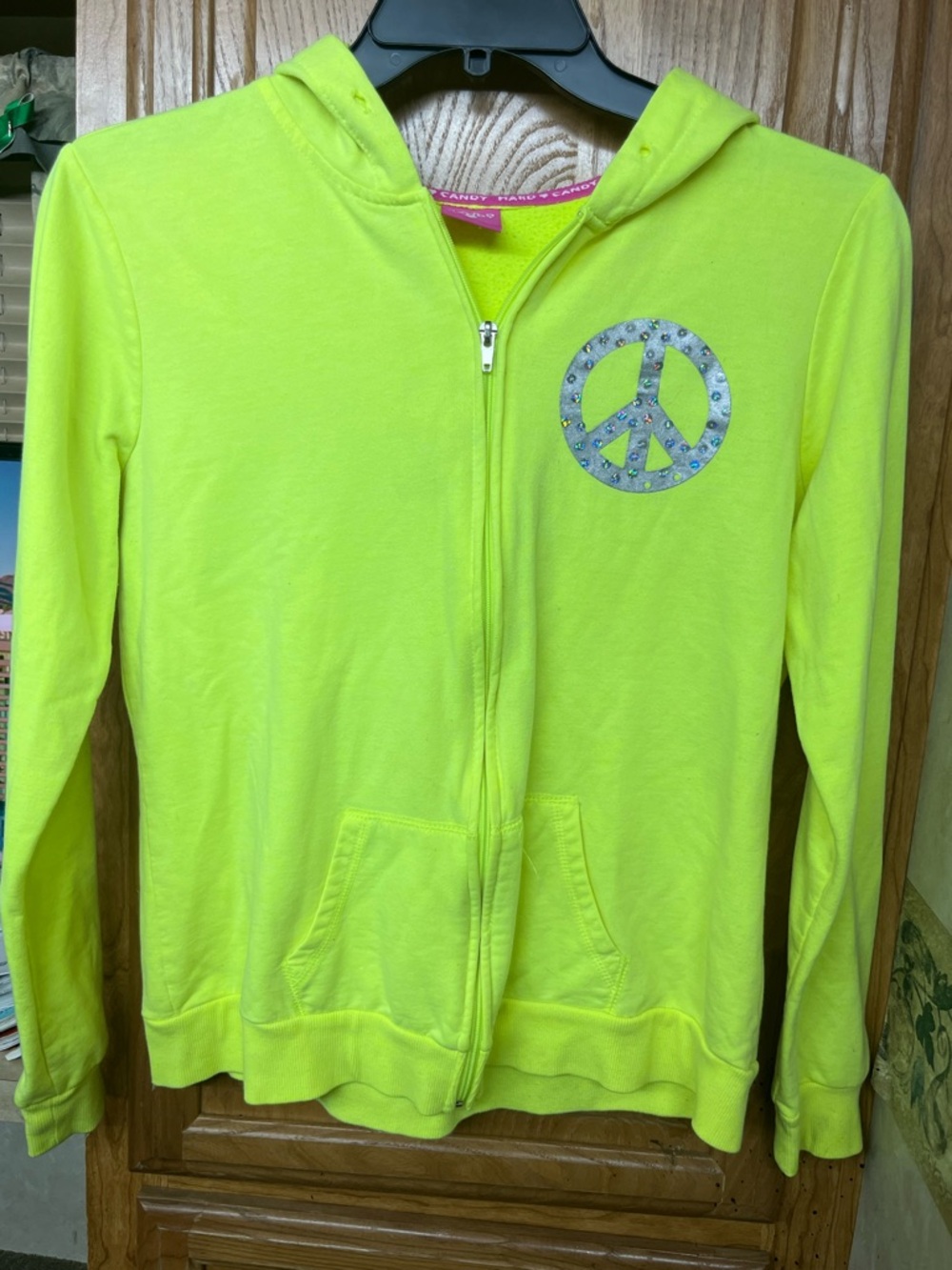 Hard Candy Neon Yellow Zip-Up Hoodie with Peace Sign Sz XXL